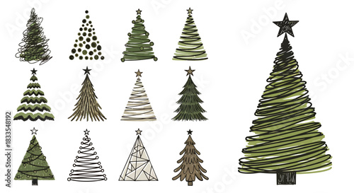 A delightful assortment of stylized vector Christmas trees, showcasing various hand-drawn and abstract designs perfect for festive holiday projects.