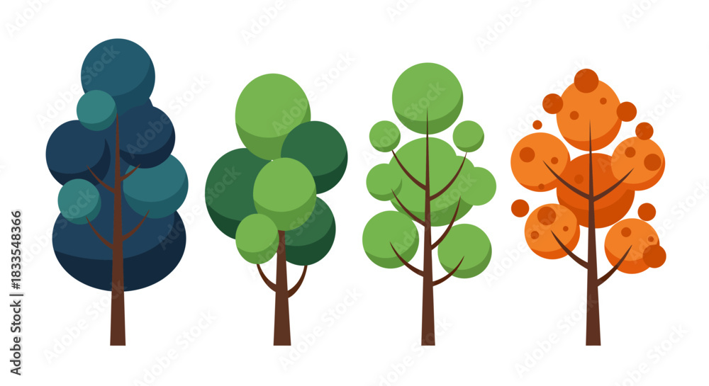 Fototapeta premium A vibrant vector illustration showcases four stylized trees in different colors, perfect for adding a touch of nature and design to various projects and creative endeavors.