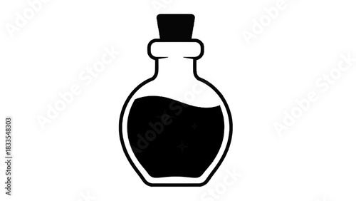Vector illustration of black and white icon of a potion bottle with sparkling liquid inside, isolated on transparent background