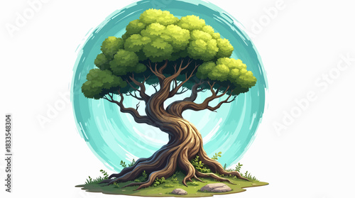 Isolated on white, a detailed vector illustration presents a lush green tree with a gnarled trunk and roots, set against a blue watercolor-style circle.