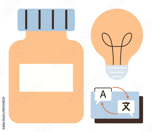 Medicine bottle, glowing lightbulb, and translation interface representing innovation, ideas, communication, learning, health, problem-solving and multilingual exchange. Ideal for creativity
