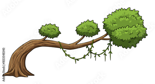 A whimsical illustration features a stylized tree with lush green foliage, a sturdy brown trunk, and vines, perfect for adding a touch of nature to any design project.