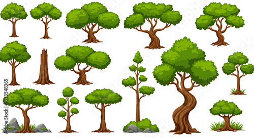 Diverse vector set of lush green trees, perfect for adding a touch of nature to your designs, available in PNG format for easy use and integration.