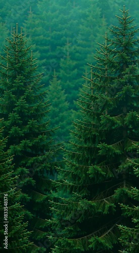 Dark Green Background Pine Forest with Morning Mist Dispersing
