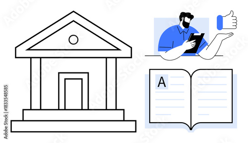 Education, government services, e-learning, knowledge sharing, online platforms, public institutions. Building icon, book man using tablet. Education and government services concept