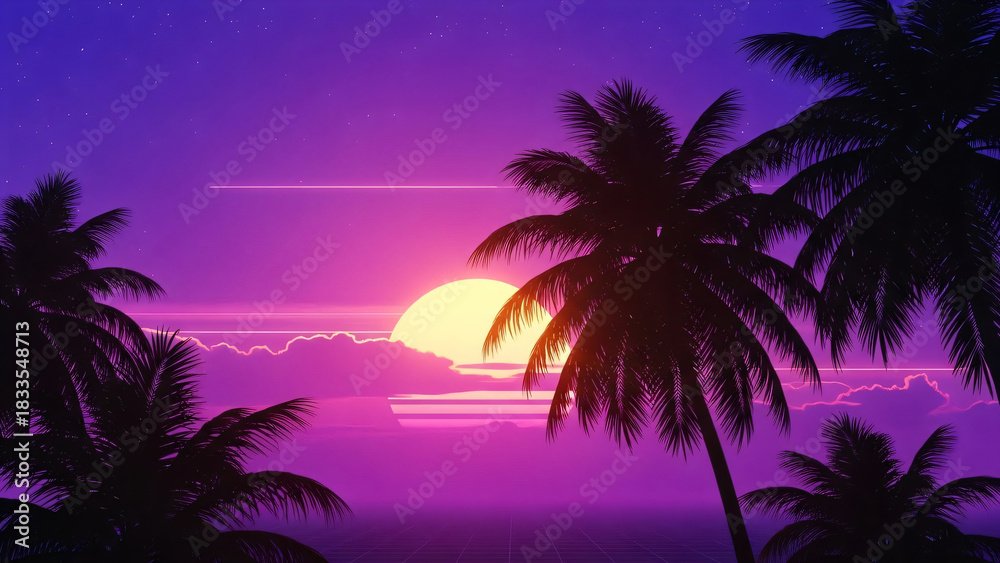 Naklejka premium Synthwave Sunset with Palm Trees, Retro Aesthetic