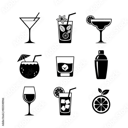 Cocktail Drink Icons Featuring Mixed Beverages, Glass Styles and Fresh Garnishes