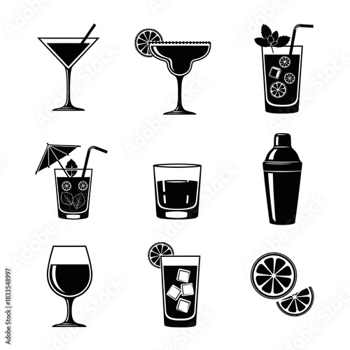 Cocktail Icons Featuring Mixed Drinks, Glassware and Refreshing Beverages