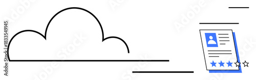 Cloud shape with user profile document featuring star ratings. Ideal for cloud storage, digital services, online reviews, performance evaluation, user feedback, digital transformation, simple flat