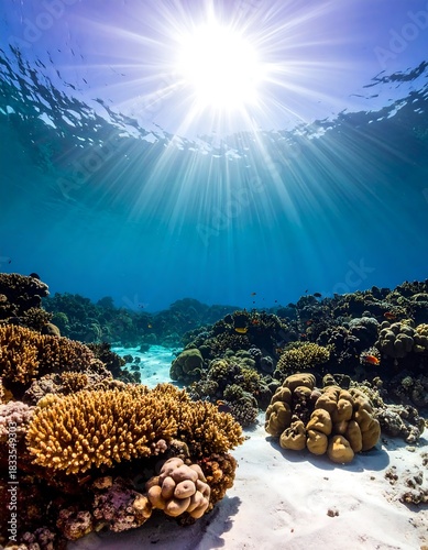 Underwater coral reef scene with sunlight