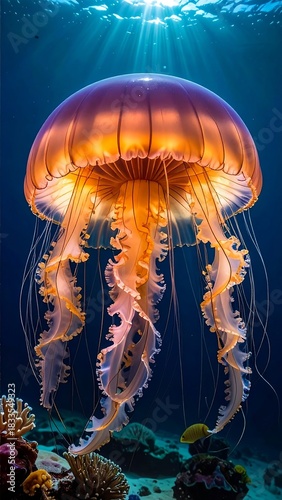 Underwater jellyfish, vibrant colors, sunbeams