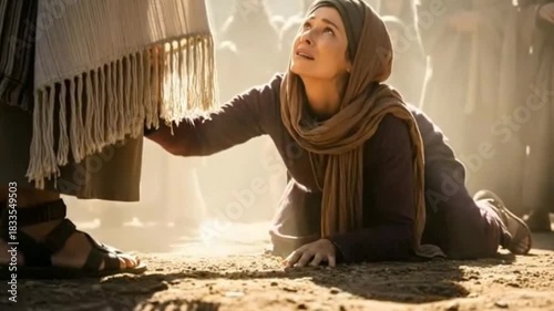Woman’s Hand Touching the Hem of Jesus' Robe – Biblical Scene in Ultra Realism