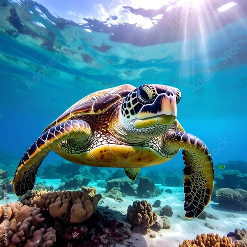 Underwater turtle in coral reef