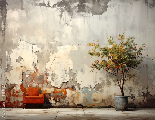 Urban Scene with Orange Chair and Tree
