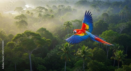 Vibrant Scarlet Macaw Soars Over Lush Tropical Rainforest Canopy at Sunrise.
