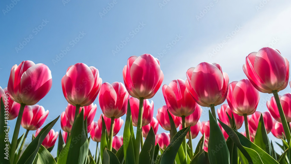 Obraz premium Pink Tulips Blooming Under Blue Sky