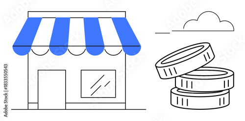 Small business, financial growth, retail services, entrepreneurship, commerce, revenue. A store with a blue awning and coins next to it. Small business and financial growth concept