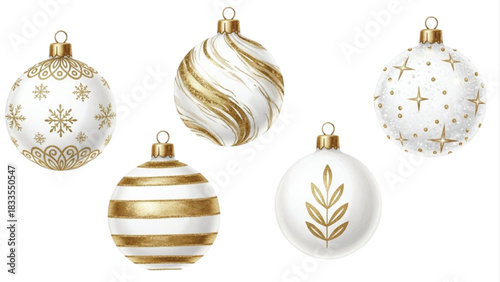 Gold and White Christmas Ornament Set, Elegant Holiday Baubles Clipart, Luxury Festive Decoration Illustrations
