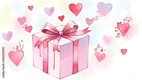 Delicate watercolor pink gift box with elegant ribbon and floating hearts, perfect for romantic celebrations, holidays and special occasions.