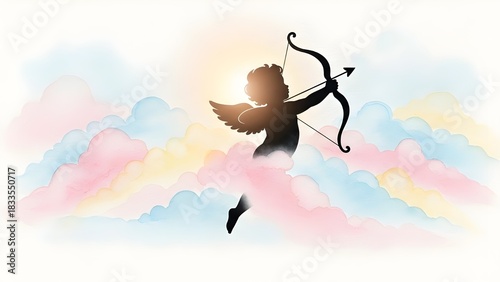 Cupid silhouette aiming bow and arrow in pastel watercolor clouds, symbolizing love, romance, valentine's day, and affection