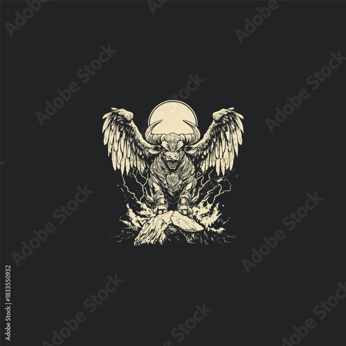 Intense mythological vector illustration featuring a powerful winged Minotaur standing on a rocky ledge with lightning and energy surrounding it, set against a full moon