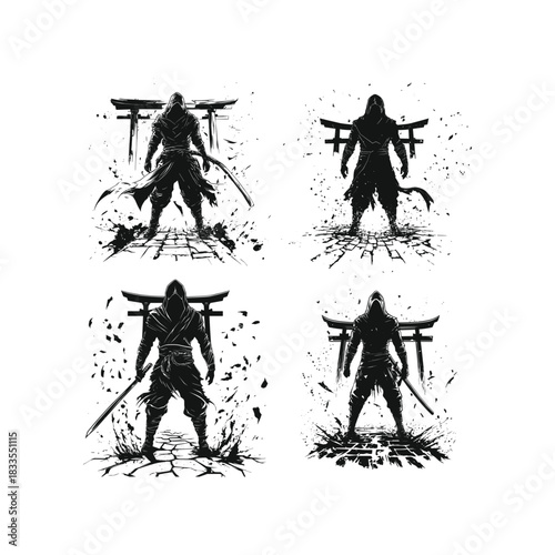 vector silhouette illustrations depicting a stealthy assassin or ninja figure holding a sword, standing in a dynamic action pose before a traditional Japanese Torii gate