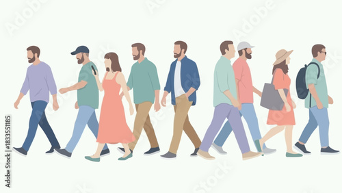 Diverse Group of People Walking Together in Casual Attire.