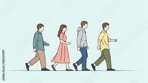Diverse group of people walking in a line.