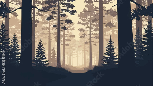 Misty Forest Silhouette - A Serene Woodland Scene with Towering Trees.