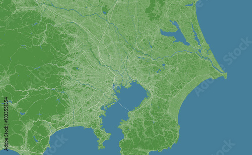 日本の首都圏の緑色で衛星写真風イラスト