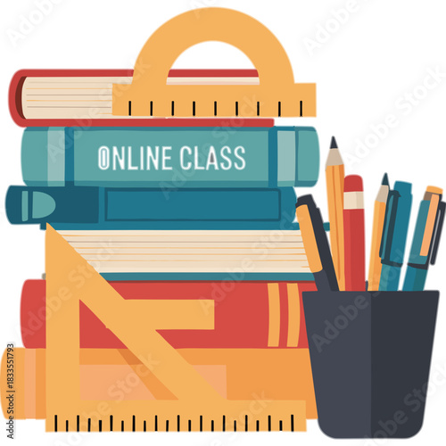 Stack Of Books Geometry Tools And School Supplies For Online Class Learning And Education With Pencils And Pens In A Cup