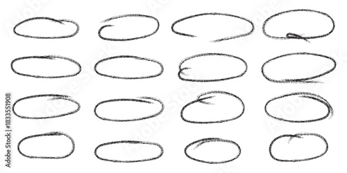 Hand drawn red crayon ovals and circles. Ellipses pencil doodle style set. Red round rough thin frames.