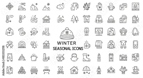 ​A collection of minimalist, black and white line icons representing the winter season. Elements include snow, hot beverages, warm clothing, and outdoor activities.