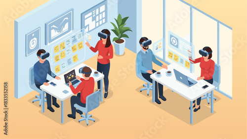 Isometric view of business team collaborating using virtual reality headset technology in office