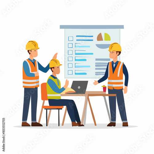 Construction workers in safety vests and helmets collaborate during a presentation, analyzing data on a laptop and whiteboard for project planning.