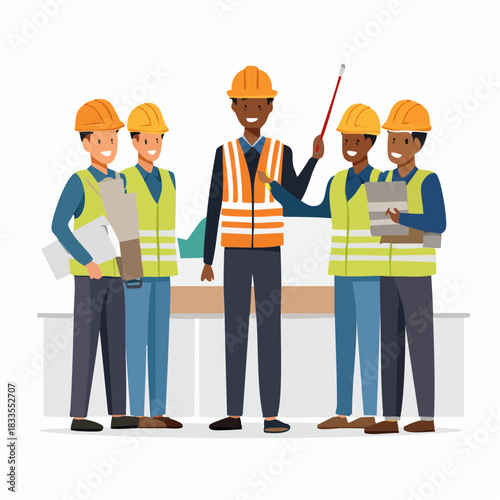 A diverse construction team stands together, the foreman pointing to a blueprint, ensuring project coordination and successful teamwork.