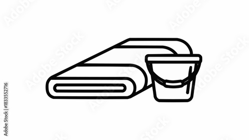Cleaning supplies illustration featuring a rolled towel and a bucket.