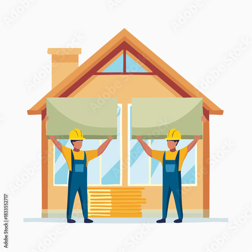 Two construction workers are installing a window in a house, demonstrating teamwork and home renovation processes with building materials.