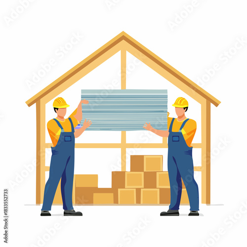 Two construction workers wearing safety helmets are installing a wall panel inside a wooden framed building with cardboard boxes.