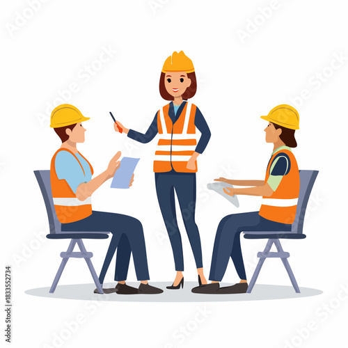 A team of construction workers wearing safety vests and helmets discuss a project plan, collaborating on site to ensure success and efficiency.