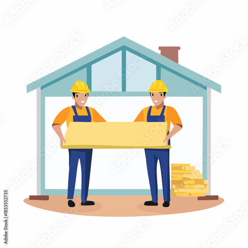 Two construction workers wearing hard hats and overalls collaborate to lift a wooden plank during the building process of a new house.