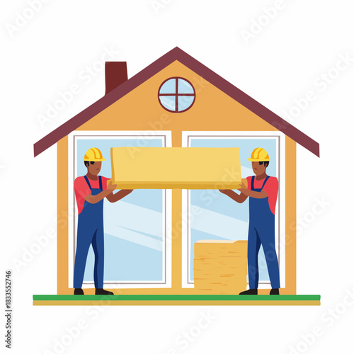 Two construction workers install insulation in a house, ensuring energy efficiency and a comfortable living space with modern building practices.