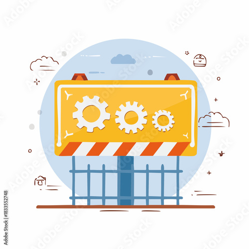 A vibrant illustration depicts a construction sign with gears, symbolizing processes, progress, and development against a soft background.