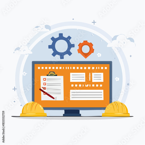 Illustration showing a computer screen with a checklist, gears, and construction helmets, representing project management and planning.