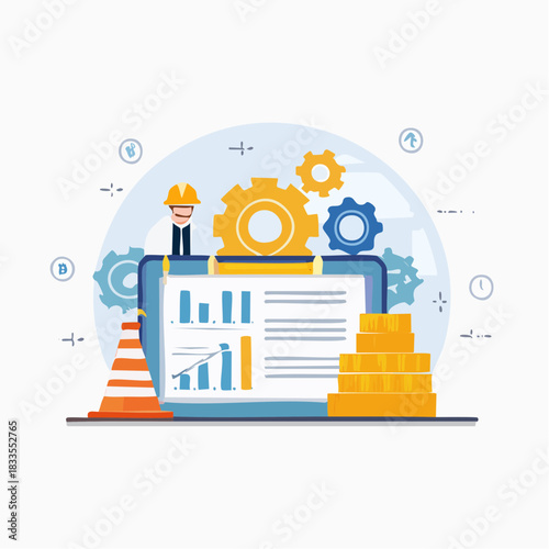 An illustration depicts a construction worker with a hard hat, analyzing financial data, and a pile of coins, highlighting business and industry.