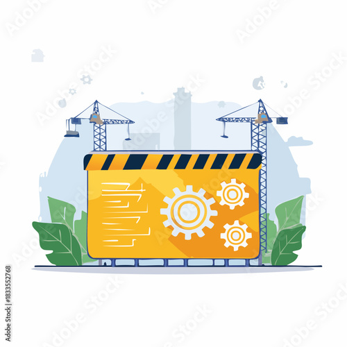 A construction site illustration shows a warning sign with gears and cranes, representing development and progress in an urban environment.