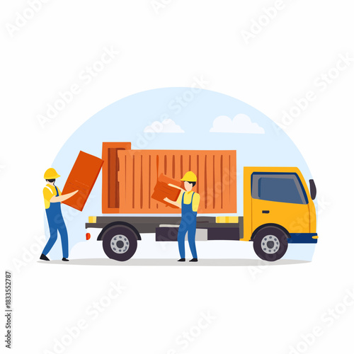 Two construction workers load rectangular building materials into a yellow truck, preparing for a construction project under a bright sky.