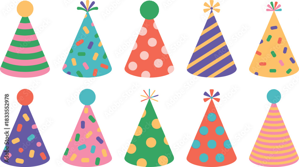 Obraz premium Colorful Party Hats Illustration – Fun Birthday Cone Hats Set