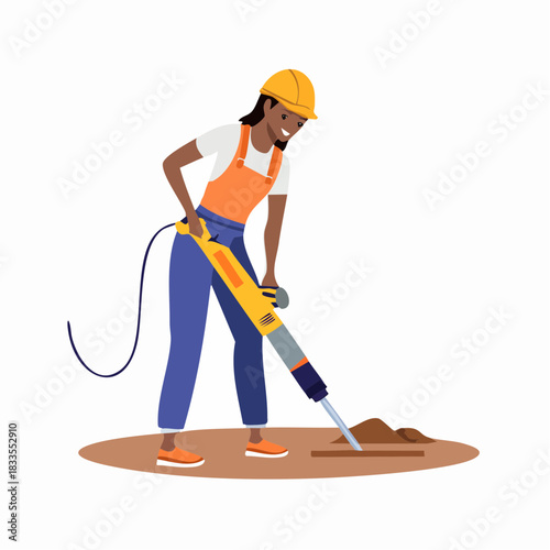 A smiling construction worker, wearing safety gear, operates a jackhammer to break up ground, illustrating labor and construction work.