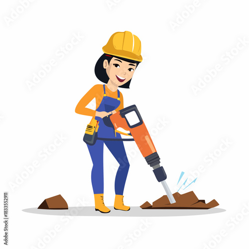A smiling female construction worker, wearing a hard hat, uses a jackhammer to break up a concrete surface on a white background.